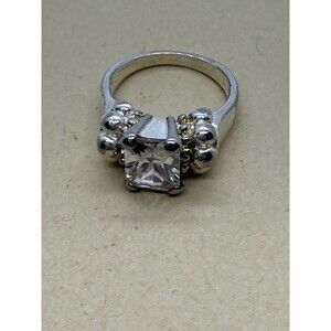 Sterling Silver Emerald Cut Solitaire Ring Artisan Bead Band 925 Size 5.5